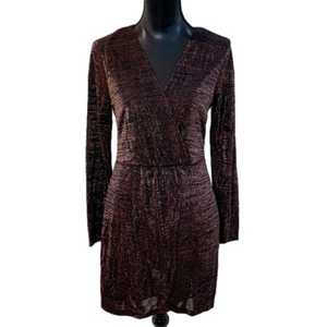 Xtraordinary Long Sleeve Faux Wrap Metallic Copper V Neck Party Mini Dress Large